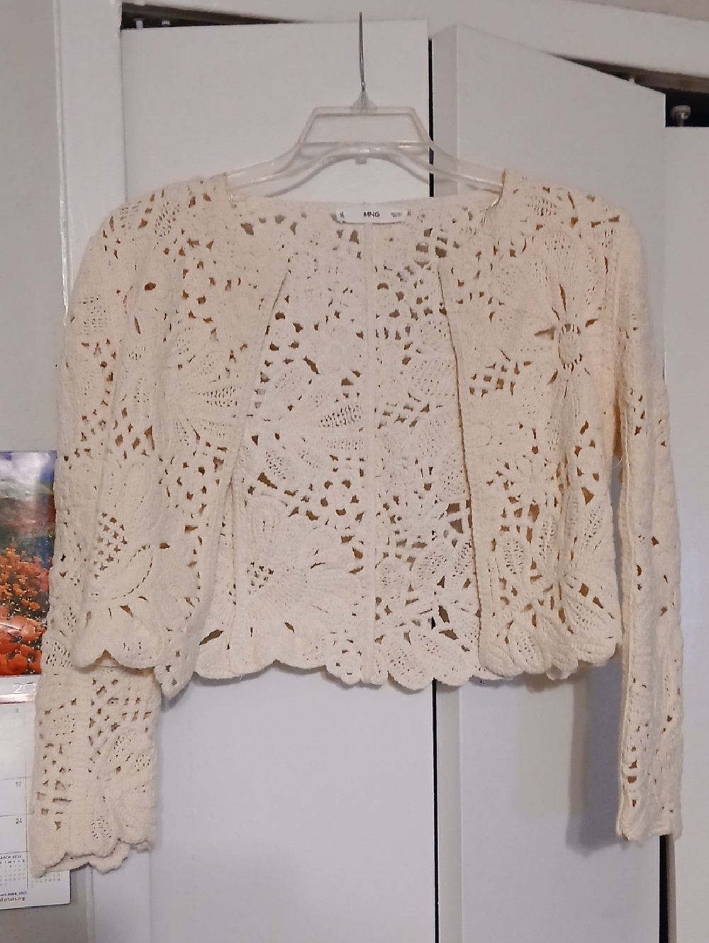 MNG Crochet Lace Open-Front Cardigan in Cream